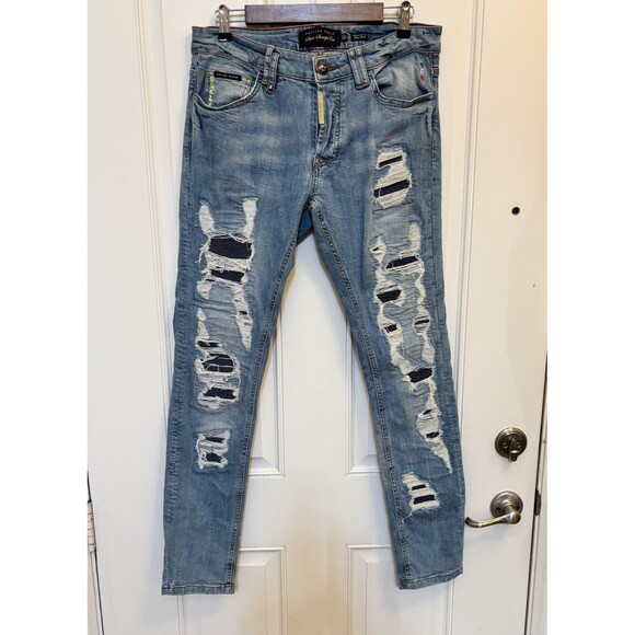 PHILIPP PLEIN Super straight Cut Washed blue Distressed Jeans Size 32 x 32 - Picture 1 of 10